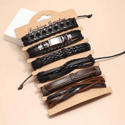 THE MEN THING Leather Bracelet DRIFTWOOD WRAP - 6 Pcs Genuine Braided Leather Bracelet Set for Men & Boys (8 inch)