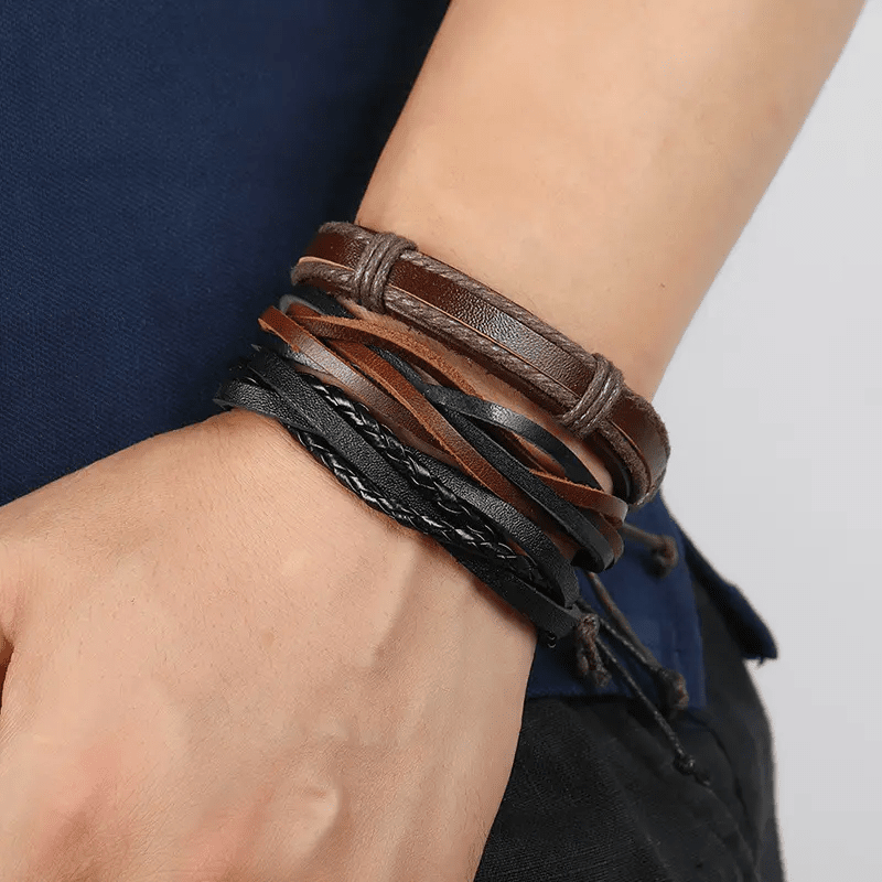THE MEN THING Leather Bracelet DRIFTWOOD WRAP - 6 Pcs Genuine Braided Leather Bracelet Set for Men & Boys (8 inch)