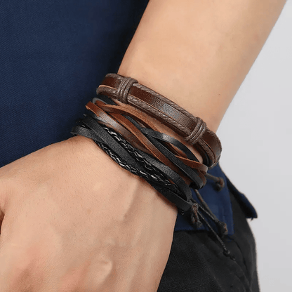 THE MEN THING Leather Bracelet DRIFTWOOD WRAP - 6 Pcs Genuine Braided Leather Bracelet Set for Men & Boys (8 inch)