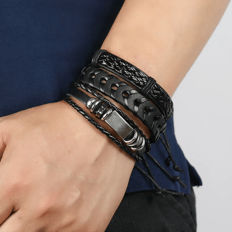 THE MEN THING Leather Bracelet DRIFTWOOD WRAP - 6 Pcs Genuine Braided Leather Bracelet Set for Men & Boys (8 inch)