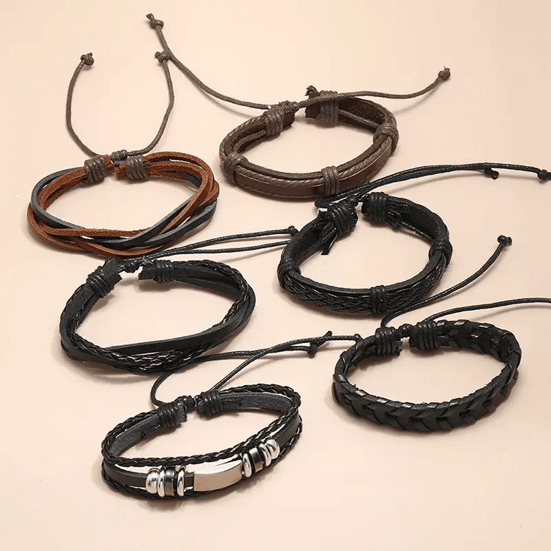 THE MEN THING Leather Bracelet DRIFTWOOD WRAP - 6 Pcs Genuine Braided Leather Bracelet Set for Men & Boys (8 inch)