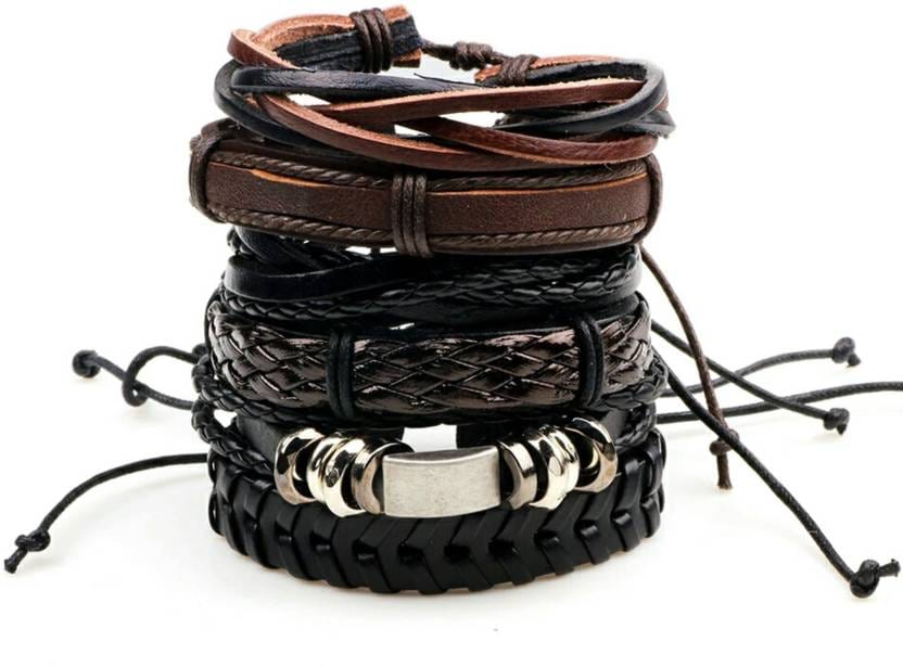 THE MEN THING Leather Bracelet DRIFTWOOD WRAP - 6 Pcs Genuine Braided Leather Bracelet Set for Men & Boys (8 inch)
