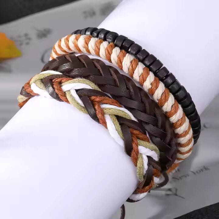 THE MEN THING Leather Bracelet DUNE BAND -  4 Pcs Genuine Braided Leather Bracelet Set for Men & Boys (8 inch)