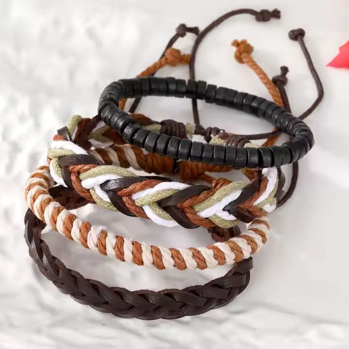THE MEN THING Leather Bracelet DUNE BAND -  4 Pcs Genuine Braided Leather Bracelet Set for Men & Boys (8 inch)