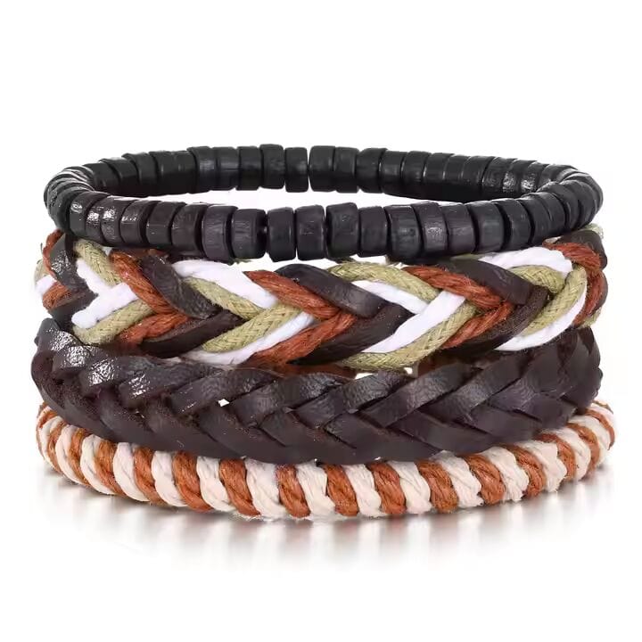 THE MEN THING Leather Bracelet DUNE BAND -  4 Pcs Genuine Braided Leather Bracelet Set for Men & Boys (8 inch)