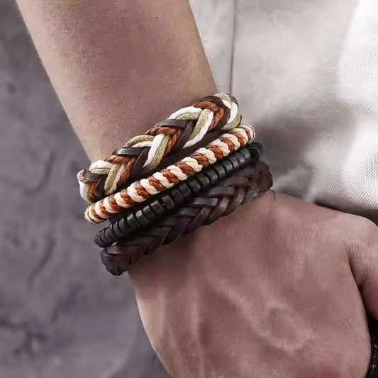 THE MEN THING Leather Bracelet DUNE BAND -  4 Pcs Genuine Braided Leather Bracelet Set for Men & Boys (8 inch)