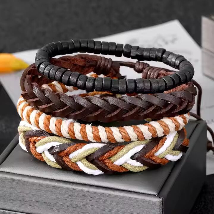THE MEN THING Leather Bracelet DUNE BAND -  4 Pcs Genuine Braided Leather Bracelet Set for Men & Boys (8 inch)