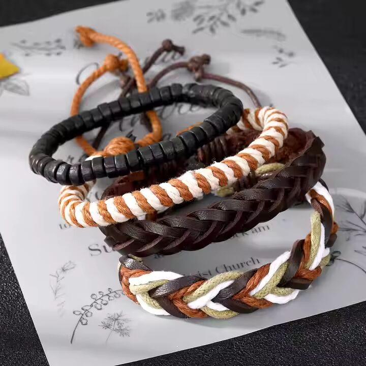 THE MEN THING Leather Bracelet DUNE BAND -  4 Pcs Genuine Braided Leather Bracelet Set for Men & Boys (8 inch)
