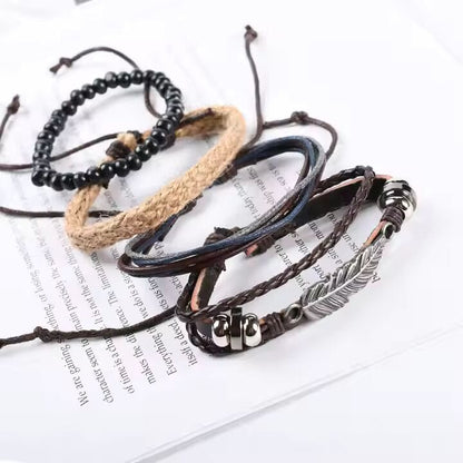 THE MEN THING Leather Bracelet EAGLE FEATHER CUFF  -  6 Pcs Genuine Braided Leather Bracelet Set for Men & Boys (8 inch)