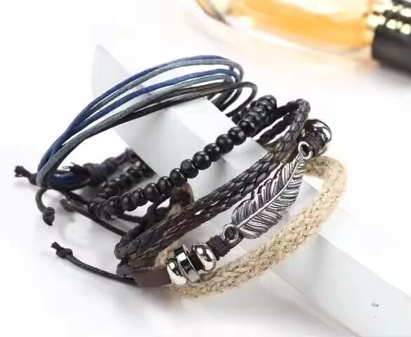 THE MEN THING Leather Bracelet EAGLE FEATHER CUFF  -  6 Pcs Genuine Braided Leather Bracelet Set for Men & Boys (8 inch)