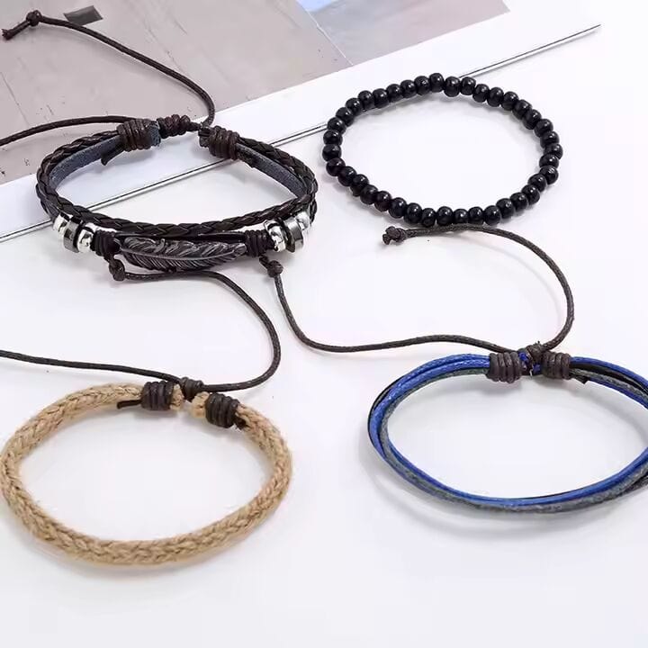 THE MEN THING Leather Bracelet EAGLE FEATHER CUFF  -  6 Pcs Genuine Braided Leather Bracelet Set for Men & Boys (8 inch)
