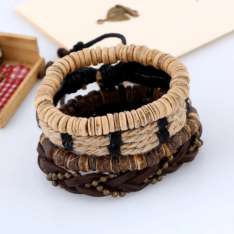 THE MEN THING Leather Bracelet EARTHBOUND CUFFS - 4 Pcs Brown Genuine Braided Leather Bracelet Set for Men & Boys (8 inch)