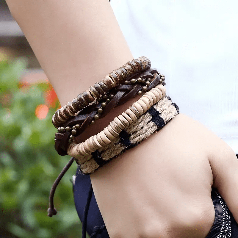 THE MEN THING Leather Bracelet EARTHBOUND CUFFS - 4 Pcs Brown Genuine Braided Leather Bracelet Set for Men & Boys (8 inch)
