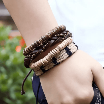 THE MEN THING Leather Bracelet EARTHBOUND CUFFS - 4 Pcs Brown Genuine Braided Leather Bracelet Set for Men & Boys (8 inch)