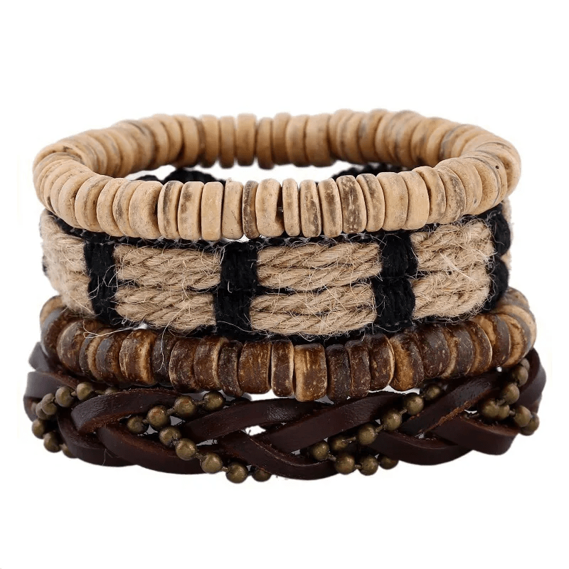 THE MEN THING Leather Bracelet EARTHBOUND CUFFS - 4 Pcs Brown Genuine Braided Leather Bracelet Set for Men & Boys (8 inch)