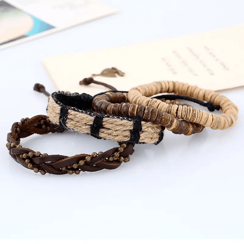 THE MEN THING Leather Bracelet EARTHBOUND CUFFS - 4 Pcs Brown Genuine Braided Leather Bracelet Set for Men & Boys (8 inch)