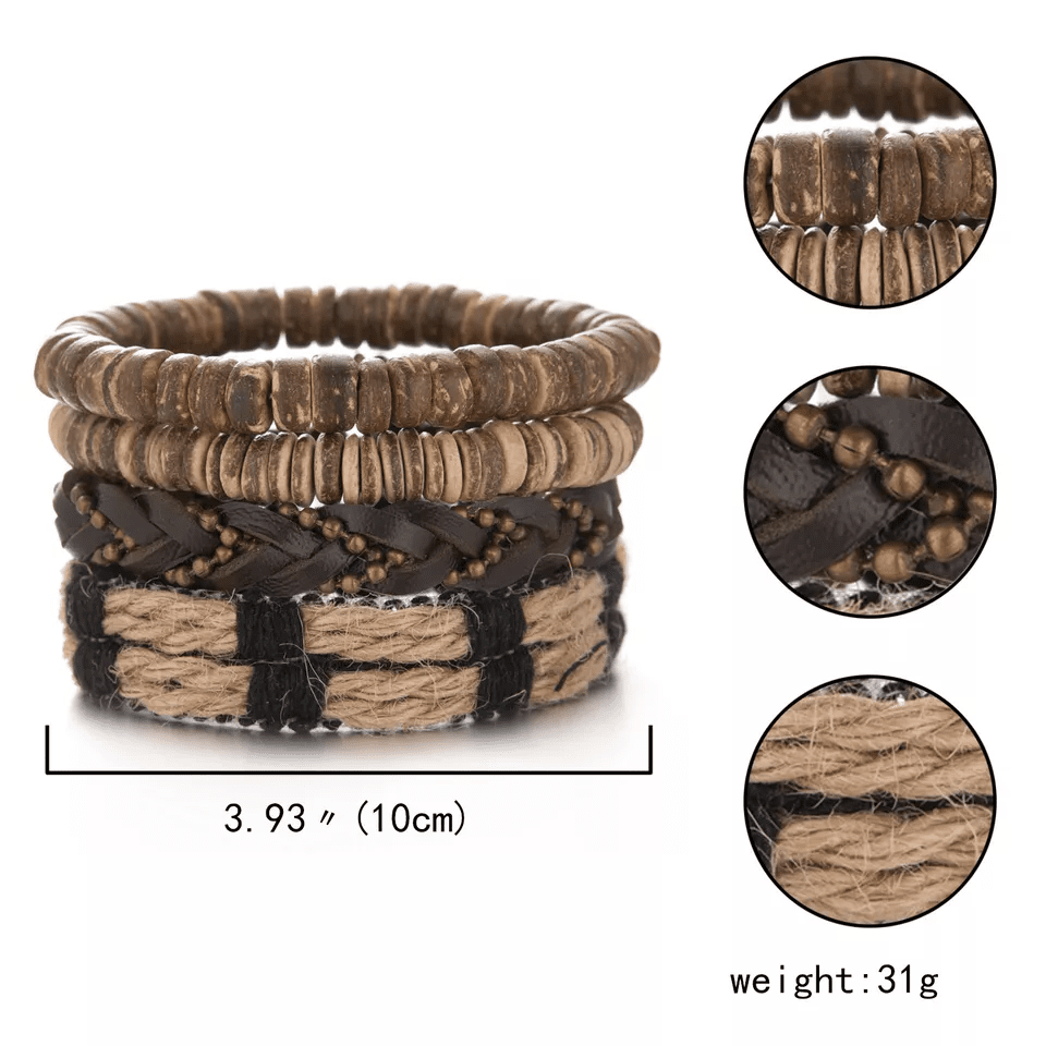 THE MEN THING Leather Bracelet EARTHBOUND CUFFS - 4 Pcs Brown Genuine Braided Leather Bracelet Set for Men & Boys (8 inch)