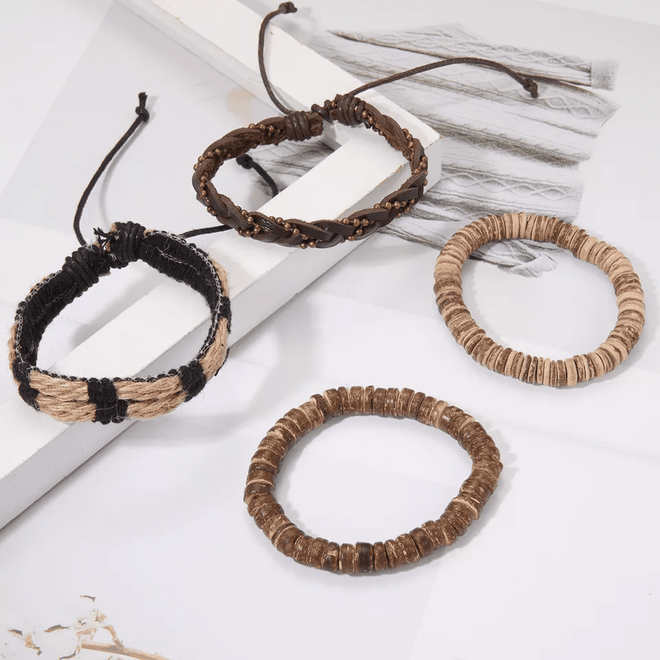 THE MEN THING Leather Bracelet EARTHBOUND CUFFS - 4 Pcs Brown Genuine Braided Leather Bracelet Set for Men & Boys (8 inch)