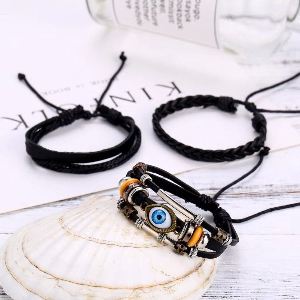 THE MEN THING Leather Bracelet ECLIPSE EYE LEATHER BRACELET - 3 Pcs Genuine Braided Leather Bracelet Set for Men & Boys (8 inch)