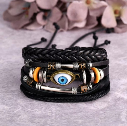 THE MEN THING Leather Bracelet ECLIPSE EYE LEATHER BRACELET - 3 Pcs Genuine Braided Leather Bracelet Set for Men & Boys (8 inch)