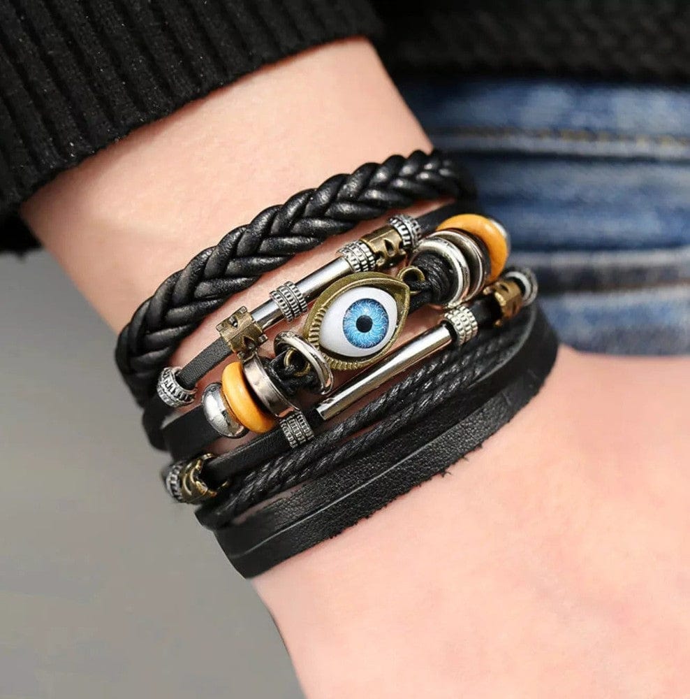 THE MEN THING Leather Bracelet ECLIPSE EYE LEATHER BRACELET - 3 Pcs Genuine Braided Leather Bracelet Set for Men & Boys (8 inch)