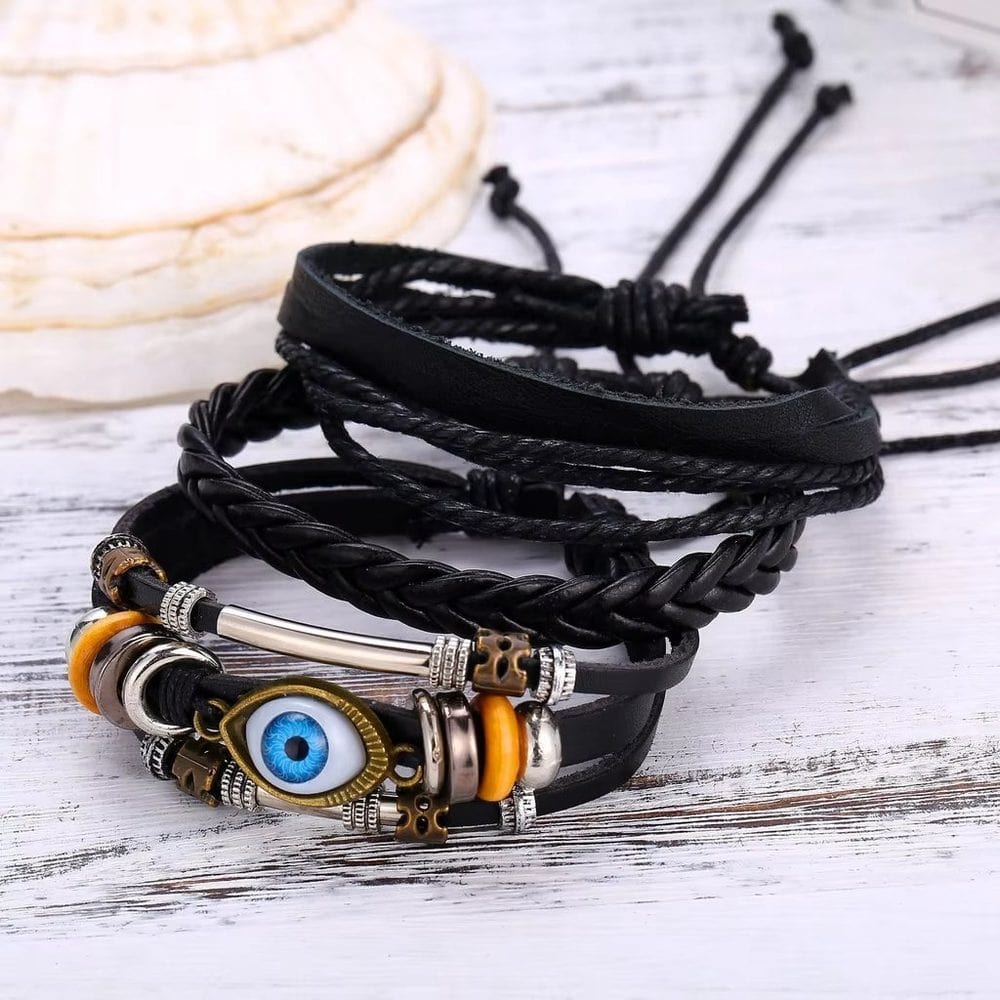 THE MEN THING Leather Bracelet ECLIPSE EYE LEATHER BRACELET - 3 Pcs Genuine Braided Leather Bracelet Set for Men & Boys (8 inch)