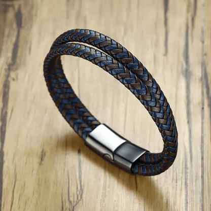 THE MEN THING Leather Bracelet ENIGMA WEAVE BROWN - Double Genuine Leather Braided Bracelet with Stainless Magnetic Buckle for Men & Boy (8 inch)