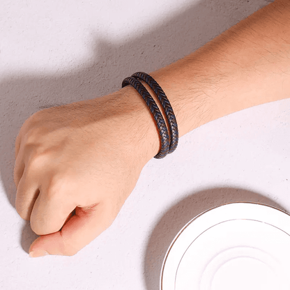 THE MEN THING Leather Bracelet ENIGMA WEAVE BROWN - Double Genuine Leather Braided Bracelet with Stainless Magnetic Buckle for Men & Boy (8 inch)