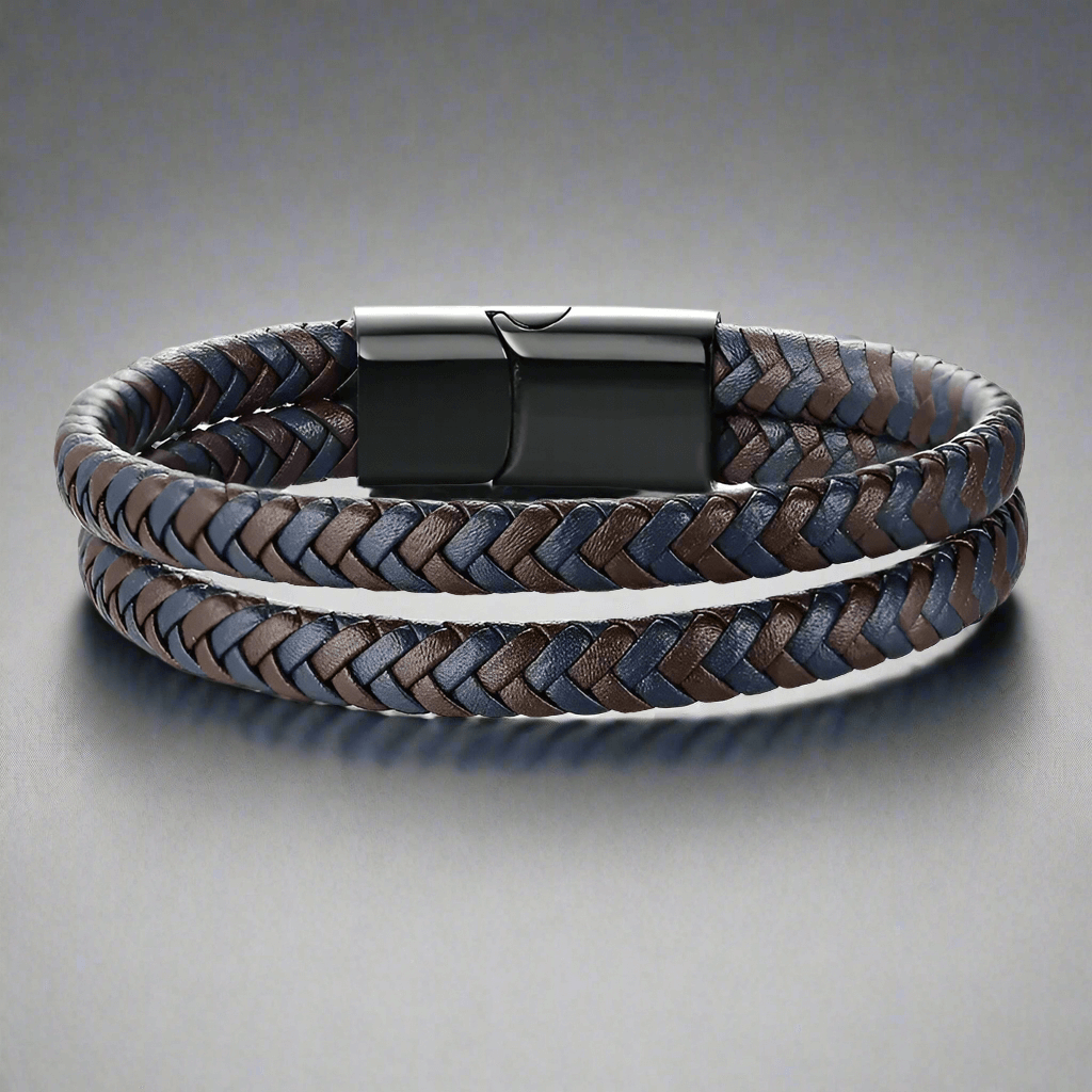 THE MEN THING Leather Bracelet ENIGMA WEAVE BROWN - Double Genuine Leather Braided Bracelet with Stainless Magnetic Buckle for Men & Boy (8 inch)