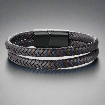THE MEN THING Leather Bracelet ENIGMA WEAVE BROWN - Double Genuine Leather Braided Bracelet with Stainless Magnetic Buckle for Men & Boy (8 inch)