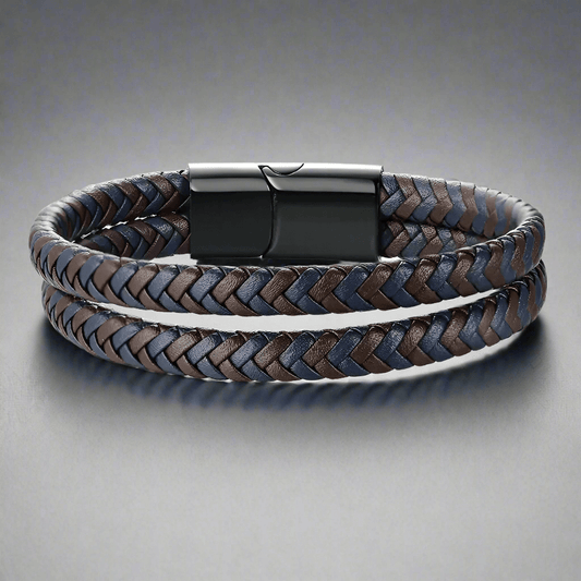 THE MEN THING Leather Bracelet ENIGMA WEAVE BROWN - Double Genuine Leather Braided Bracelet with Stainless Magnetic Buckle for Men & Boy (8 inch)