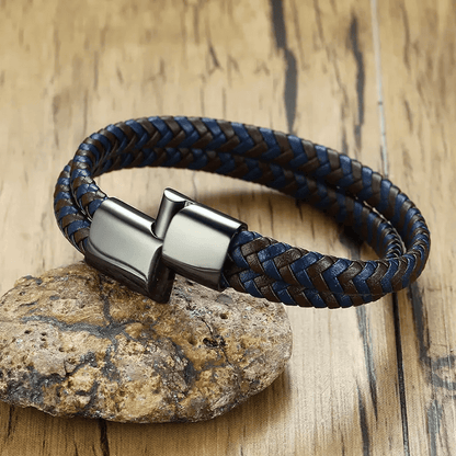 THE MEN THING Leather Bracelet ENIGMA WEAVE BROWN - Double Genuine Leather Braided Bracelet with Stainless Magnetic Buckle for Men & Boy (8 inch)