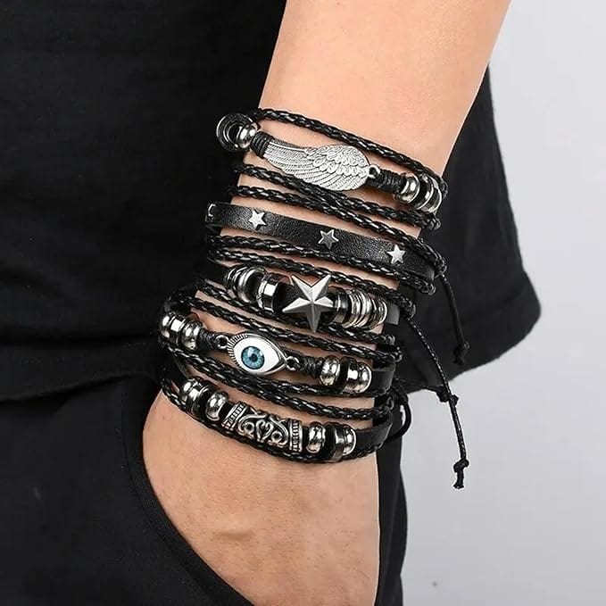 THE MEN THING Leather Bracelet EVOKNIGHT -  5 Pcs Genuine Braided Leather Bracelet Set for Men & Boys (8 inch)
