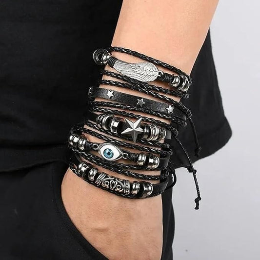 THE MEN THING Leather Bracelet EVOKNIGHT -  5 Pcs Genuine Braided Leather Bracelet Set for Men & Boys (8 inch)