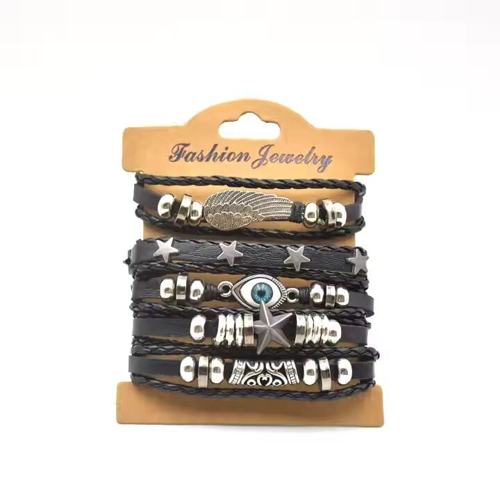 THE MEN THING Leather Bracelet EVOKNIGHT -  5 Pcs Genuine Braided Leather Bracelet Set for Men & Boys (8 inch)