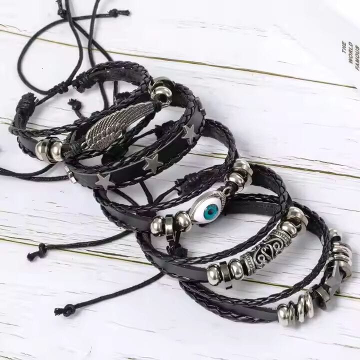 THE MEN THING Leather Bracelet EVOKNIGHT -  5 Pcs Genuine Braided Leather Bracelet Set for Men & Boys (8 inch)