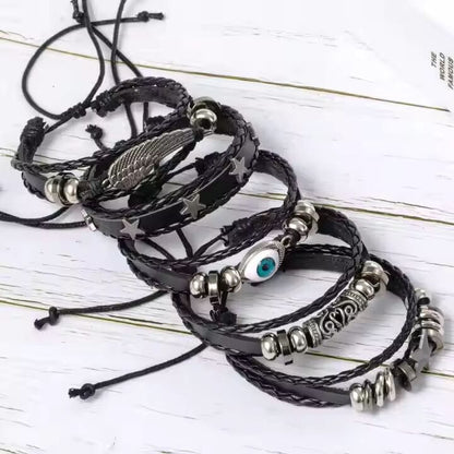 THE MEN THING Leather Bracelet EVOKNIGHT -  5 Pcs Genuine Braided Leather Bracelet Set for Men & Boys (8 inch)