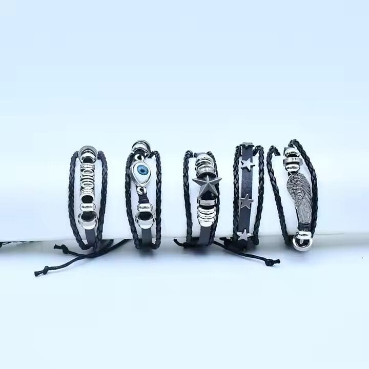 THE MEN THING Leather Bracelet EVOKNIGHT -  5 Pcs Genuine Braided Leather Bracelet Set for Men & Boys (8 inch)
