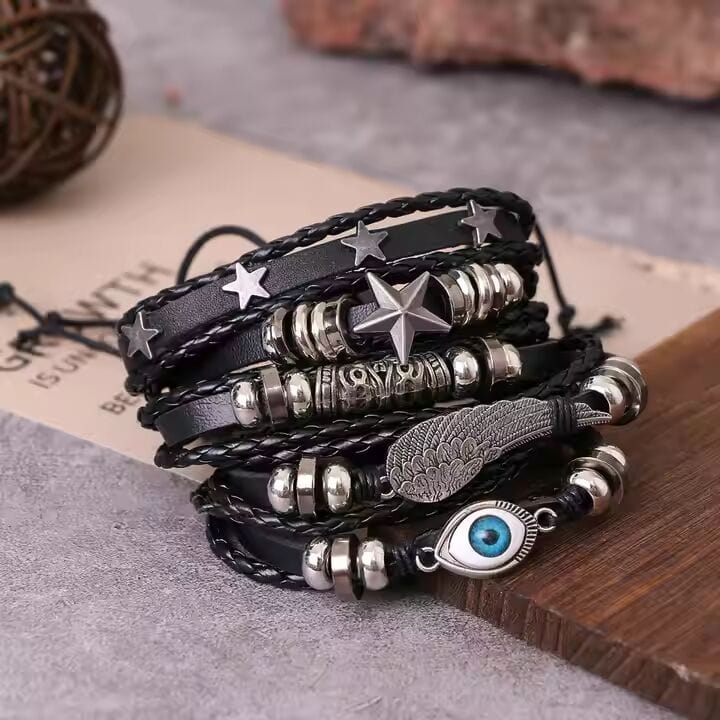 THE MEN THING Leather Bracelet EVOKNIGHT -  5 Pcs Genuine Braided Leather Bracelet Set for Men & Boys (8 inch)
