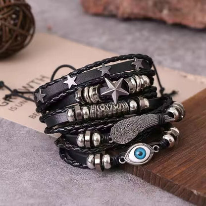 THE MEN THING Leather Bracelet EVOKNIGHT -  5 Pcs Genuine Braided Leather Bracelet Set for Men & Boys (8 inch)