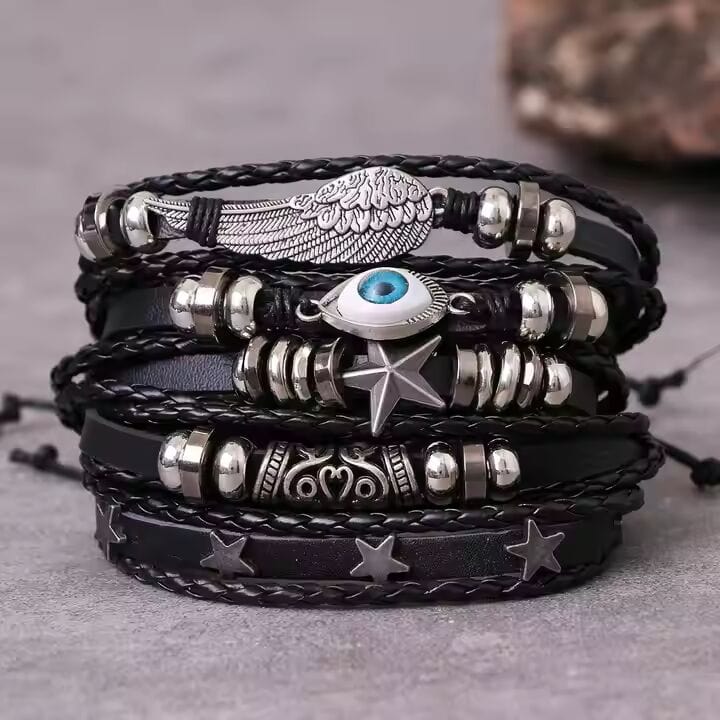 THE MEN THING Leather Bracelet EVOKNIGHT -  5 Pcs Genuine Braided Leather Bracelet Set for Men & Boys (8 inch)