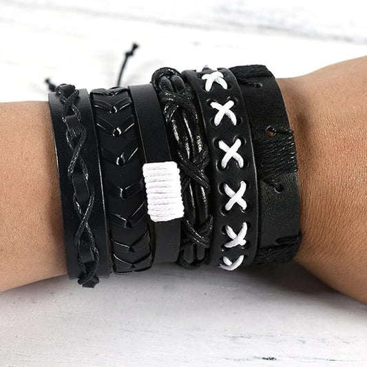 The Men Thing Leather Bracelet EVOLVE BAND - 6 Pcs Genuine Braided Leather Bracelet Set for Men & Boys (8 inch)