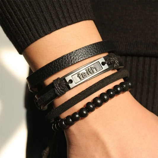 THE MEN THING Leather Bracelet FAITHAURA -  4 Pcs Genuine Braided Leather Bracelet Set for Men & Boys (8 inch)