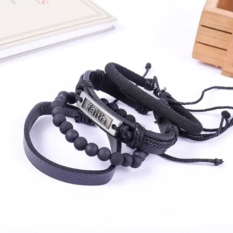 THE MEN THING Leather Bracelet FAITHAURA -  4 Pcs Genuine Braided Leather Bracelet Set for Men & Boys (8 inch)