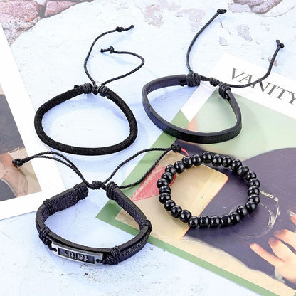 THE MEN THING Leather Bracelet FAITHAURA -  4 Pcs Genuine Braided Leather Bracelet Set for Men & Boys (8 inch)