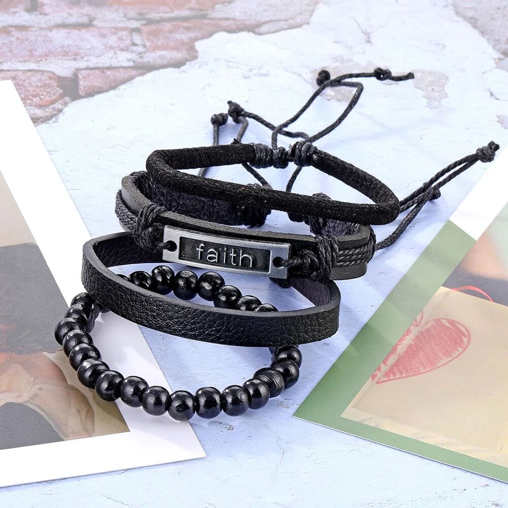 THE MEN THING Leather Bracelet FAITHAURA -  4 Pcs Genuine Braided Leather Bracelet Set for Men & Boys (8 inch)