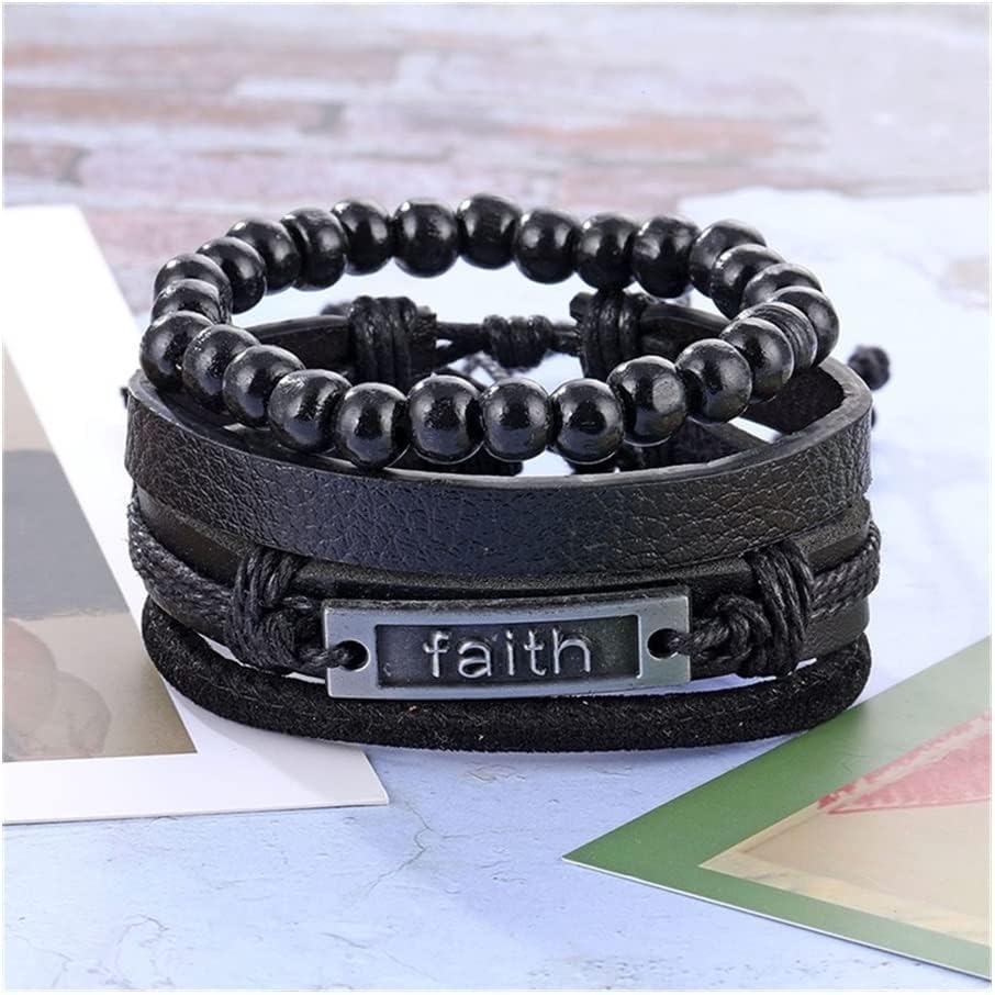 THE MEN THING Leather Bracelet FAITHAURA -  4 Pcs Genuine Braided Leather Bracelet Set for Men & Boys (8 inch)