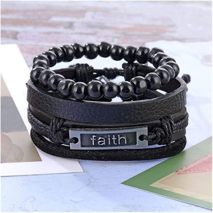 THE MEN THING Leather Bracelet FAITHAURA -  4 Pcs Genuine Braided Leather Bracelet Set for Men & Boys (8 inch)