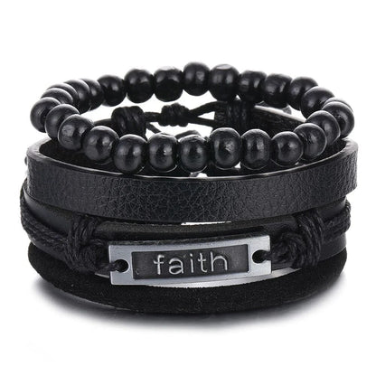 THE MEN THING Leather Bracelet FAITHAURA -  4 Pcs Genuine Braided Leather Bracelet Set for Men & Boys (8 inch)