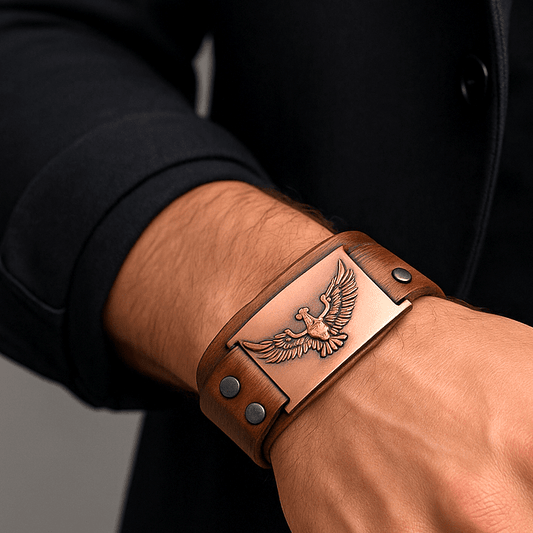 THE MEN THING Leather Bracelet FIRESTORM PHOENIX BAND - Red Copper Genuine Braided Leather Bracelet Set for Men & Boys (8 inch)